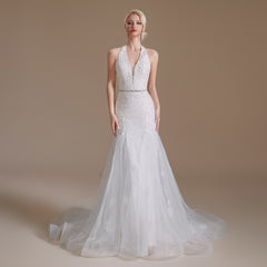Halter Lace Beaded Wedding Dresses, Mermaid Wedding Dresses, Bridal Gown, Newest Wedding Dresses