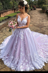 A-line Lace Floral Pink Wedding Dresses, Flower Elegant Wedding Gowns, Romantic Bridal Wedding Dresses