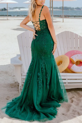 Green Mermaid Newest Long Prom Dresses, Lace Girl Graduation Party Dresses, Appliques Wedding Guest Dresses
