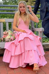 A-line Tiered Newest Long Prom Dresses, Straps Puffy Girl Party Dresses, Pink Bridesmaid Dresses