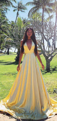 Deep V-neck A-line Long Prom Dresses, Simple Cheap 2020 Long Prom Dresses
