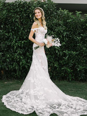 Elegant Off The Shoulder Lace Wedding Dresses, Popular Lace Mermaid Wedding Dresses
