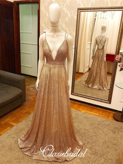 Cross Back Long A-line Sequin Tulle Prom Dresses, Sparkle Prom Dresses, Long Prom Dresses