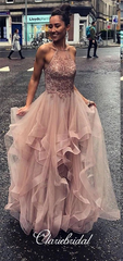 Dusty Pink Lace Beaded Long Prom Dresses, Tulle Long Prom Dresses, Lovely 2020 Prom Dresses