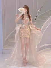 2 Pieces Shiny Sequin Organza Prom Dresses, Newest Long Prom Dresses, Detachable Prom Dresses, 2022 Prom Dresses