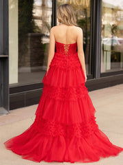 A-line Luxury Red Color Wedding Dresses, Strapless Newest Long Prom Dresses
