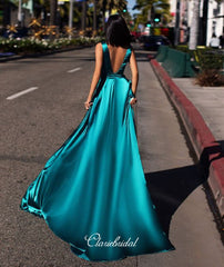 Deep V-neck Simple Design Prom Dresses, High Slit A-line Prom Dresses