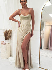 Champagne Gold Shiny Long Fitted Gown, Sexy Prom Dresses, Evening Dresses, Party Dresses, Concert Wear, 2024 Prom Dresses