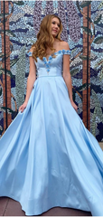 A-line Satin Long Prom Dresses, Off The Shoulder Appliques Prom Dresses
