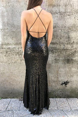 Black Sequin Sheath Prom Dresses, Long Prom Dresses, Simple Prom Dresses