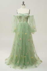 Corset Green Floral A-line Prom Dresses With Detachable Sleeves, Popular 2023 Prom Dresses, Beachy Prom Dresses
