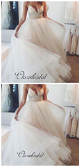 Beaded Spaghetti Sexy V-neck Long A-line White Organza Wedding Party Dresses