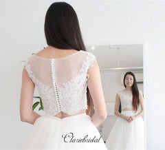 Cap Sleeves Two Pieces Lace Wedding Dresses, A-line Tulle Wedding Dresses