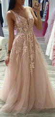 A-line V-neck Lace Long Prom Dresses, Formal Popular Lace 2021 Prom Dresses