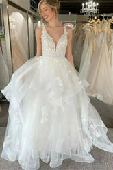 Deep V-neck A-line Lace Tulle Wedding Dresses, Fairy Wedding Gown, 2025 Bridal Gown