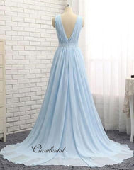 Deep V-neck Light Blue Prom Dresses, Cheap A-line Prom Dresses, Long Chiffon Prom Dresses