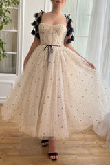 Beige Dotted A-line Prom Dresses With Straps, Cute Midi Dresses, Party Dancing Dresses