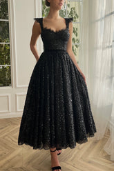 Black Sequin Beaded Midi Dresses, Luxury Formal Dresses, Party Dresses, Newest Prom Dresses