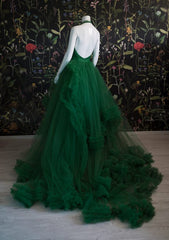 Halter Long A-line Green Tulle Prom Dresses, Ruffled Prom Dresses, 2021 Prom Dresses, Affordable Prom Dresses