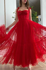Corset Straps A-line Red Dots Midi Dresses, Long Prom Dresses, Holiday Dresses, Party Dancing Dresses