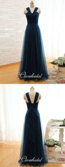 A-line Tulle Long Prom Dresses, Simple Custom Design Prom Dresses