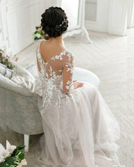 3/4 Sleeves Lace Tulle Wedding Dresses, Country Wedding Dresses, Long Wedding Dresses