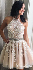 Halter Lace Tulle Beaded Homecoming Dresses, Lovely Short Prom Dresses