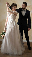 3/4 Sleeves Lace Tulle Wedding Dresses, Country Wedding Dresses, Long Wedding Dresses