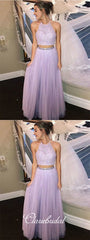 2 Pieces Lilac Lace Tulle Prom Dresses, Lovely Long Prom Dresses