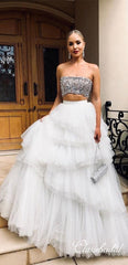 2 Pieces Beaded Top Fluffy Tulle Prom Dresses, Long Prom Dresses, Chic Long Prom Dresses