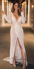 Deep V-neck Long Sleeves Front Slit Ivory Sparkle Prom Dresses
