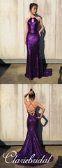 Cross Back Purple Sequin Prom Dresses, Long Prom Dresses, Mermaid Prom Dresses