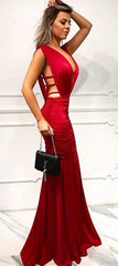 Deep V-neck Red Mermaid Prom Dresses, Long Prom Dresses, Sexy Prom Dresses, Newest Prom Dresses