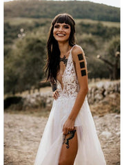 Deep V-neck Lace Tulle Wedding Dresses, Side Slit Sexy Wedding Gown, Beaded Boho Wedding Dresses