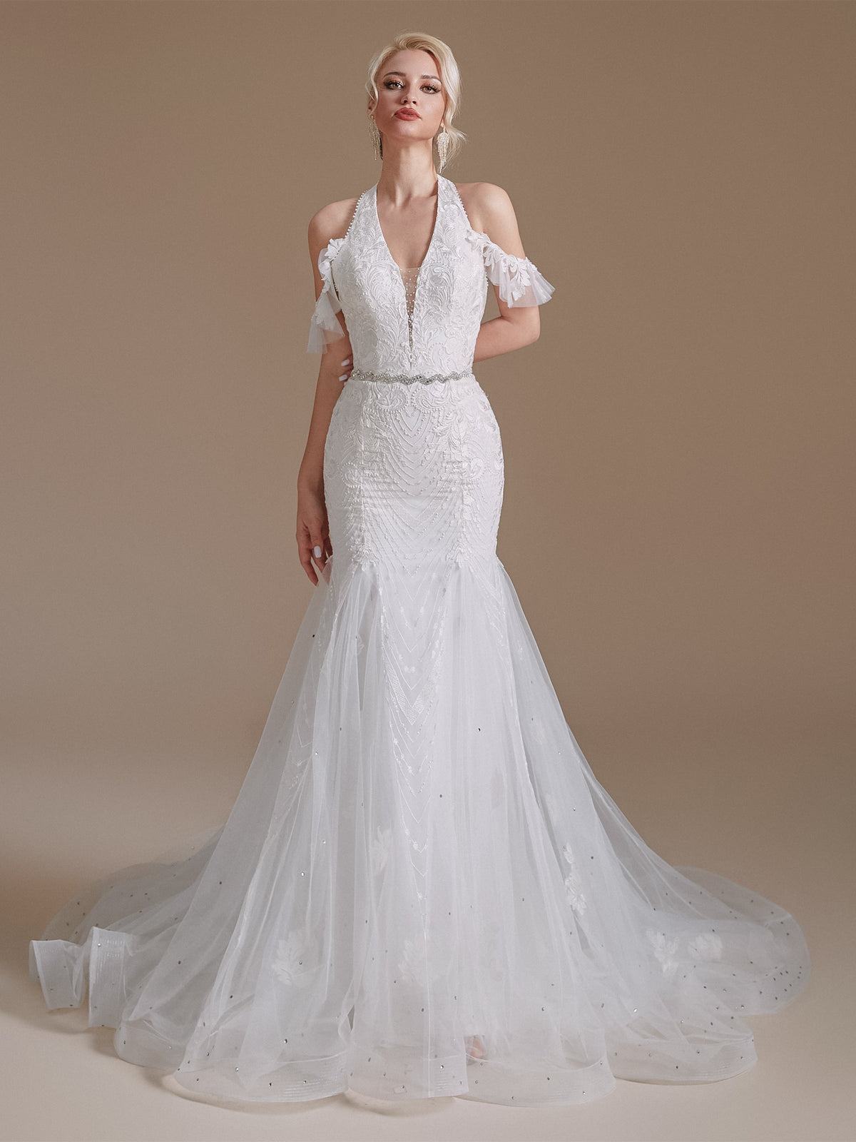 Halter Lace Beaded Wedding Dresses, Mermaid Wedding Dresses, Bridal Gown, Newest Wedding Dresses