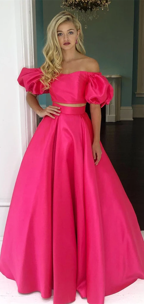 2 Pieces A-line Satin Long Prom Dresses, Off Shoulder 2021 Long Party Prom Dresses