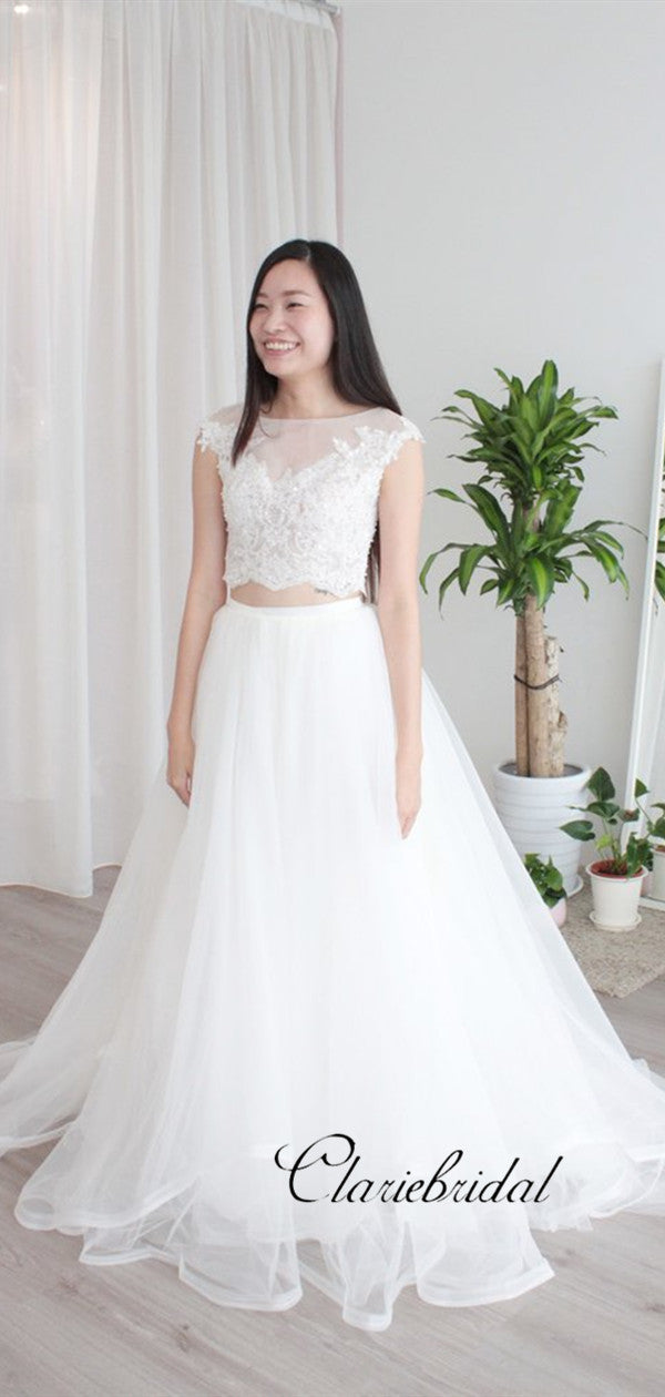 Cap Sleeves Two Pieces Lace Wedding Dresses, A-line Tulle Wedding Dresses