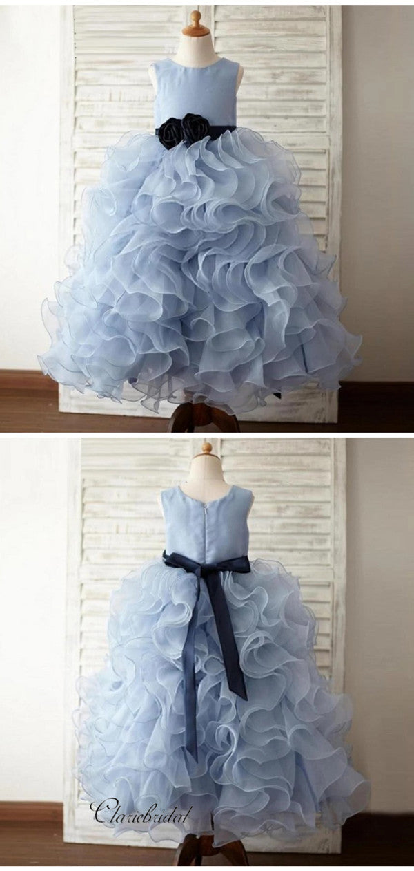 Blue Fluffy Flower Girl Dresses, Organza Little Girl Dresses