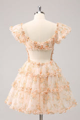 Cap Sleeves Floral Chiffon Homecoming Dresses, Cute Vacation Dresses, Mini Dresses, Concert Wear