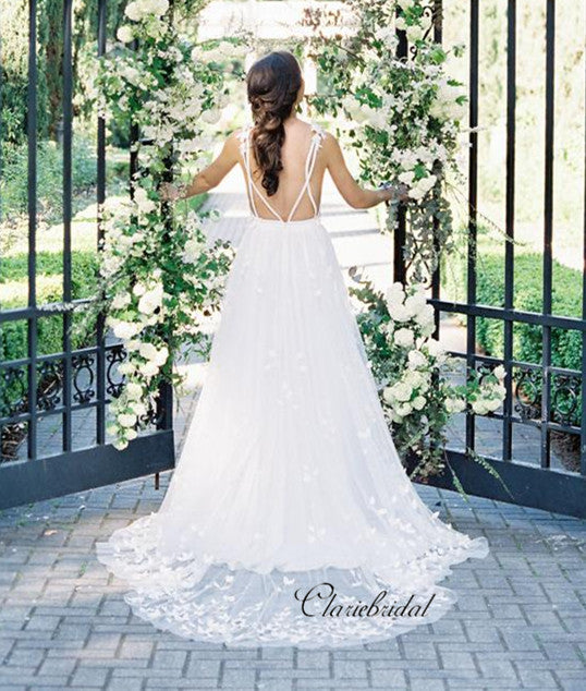 Deep V-neck Elegant Wedding Dresses, Popular Appliques Wedding Dresses