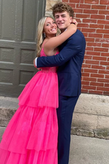 A-line Spaghetti Bridesmaid Dresses, V-neck Newest Long Prom Dresses, Hot Pink Wedding Dresses