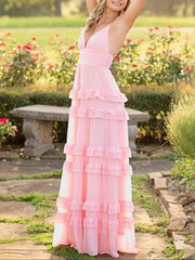 A-line Pink Chiffon Bridesmaid Dresses, Ruffles Newest Long Prom Dresses , V-neck Evening Party Dresses