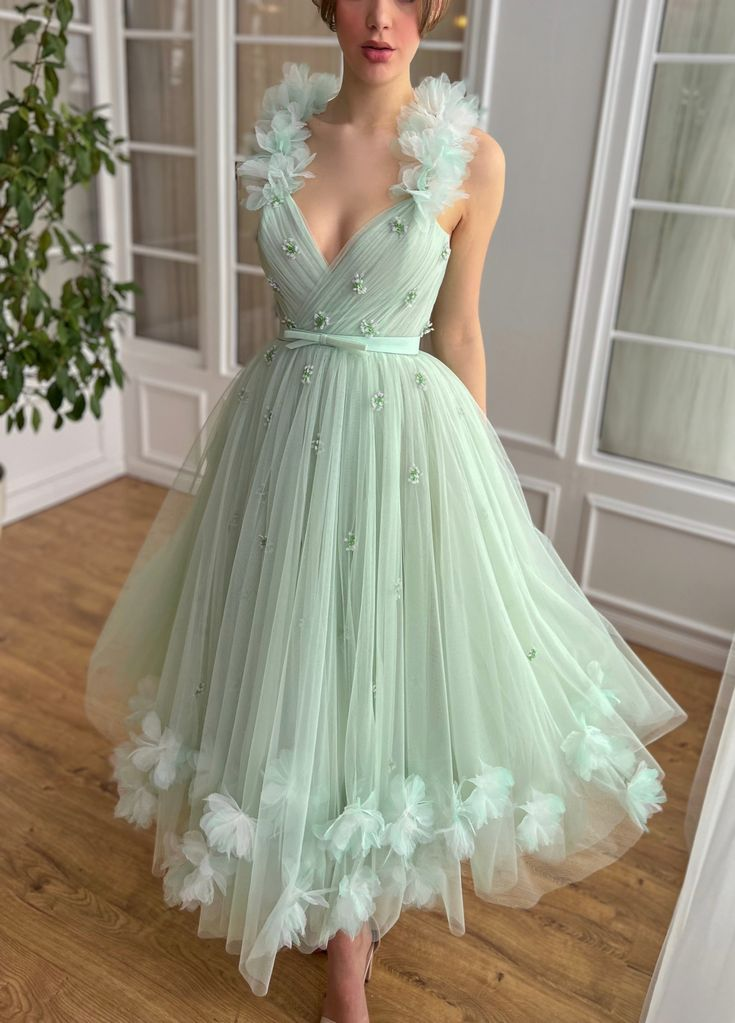 A-line Mint Newest Long Prom Dresses, Deep V-neck Girl Party Dresses, Wedding Guest Dresses