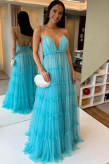 Deep V-neck Straps Newest Long Prom Dresses, Open Back A-line Evening Party DResses