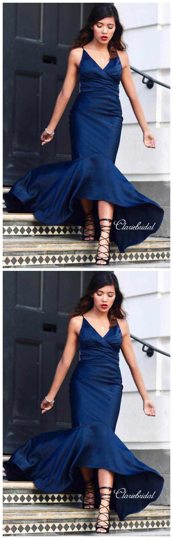 Fashion Mermaid Straps Prom Dresses, V-neck Prom Dresses Long