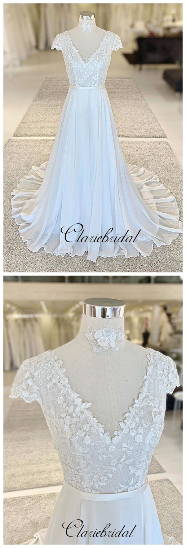 Elegant V-neck Lace Wedding Dresses, Chiffon A-line Bridal Gowns, Beautiful Wedding Dresses