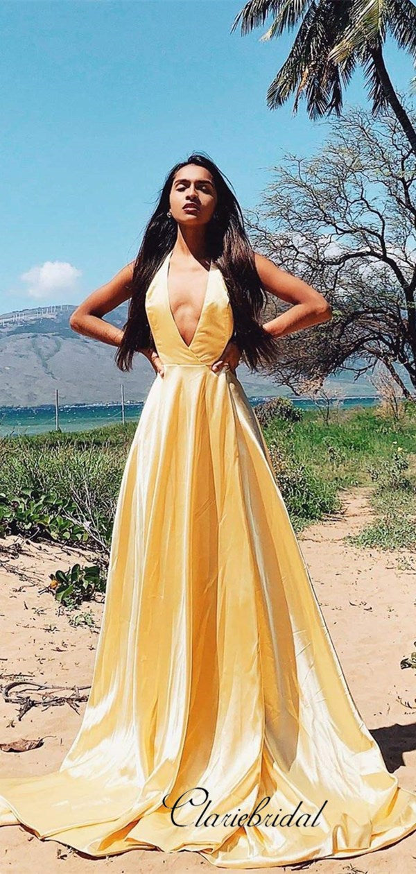 Deep V-neck A-line Long Prom Dresses, Simple Cheap 2020 Long Prom Dresses