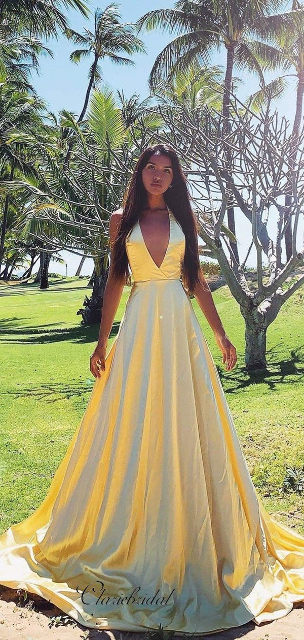 Deep V-neck A-line Long Prom Dresses, Simple Cheap 2020 Long Prom Dresses