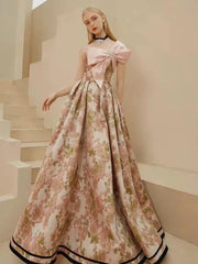 Gorgeous Floral Long Prom Dresses With Pink Bow, 2022 Prom Dresses, Newest Prom Dresses, Affordable Prom Dresses