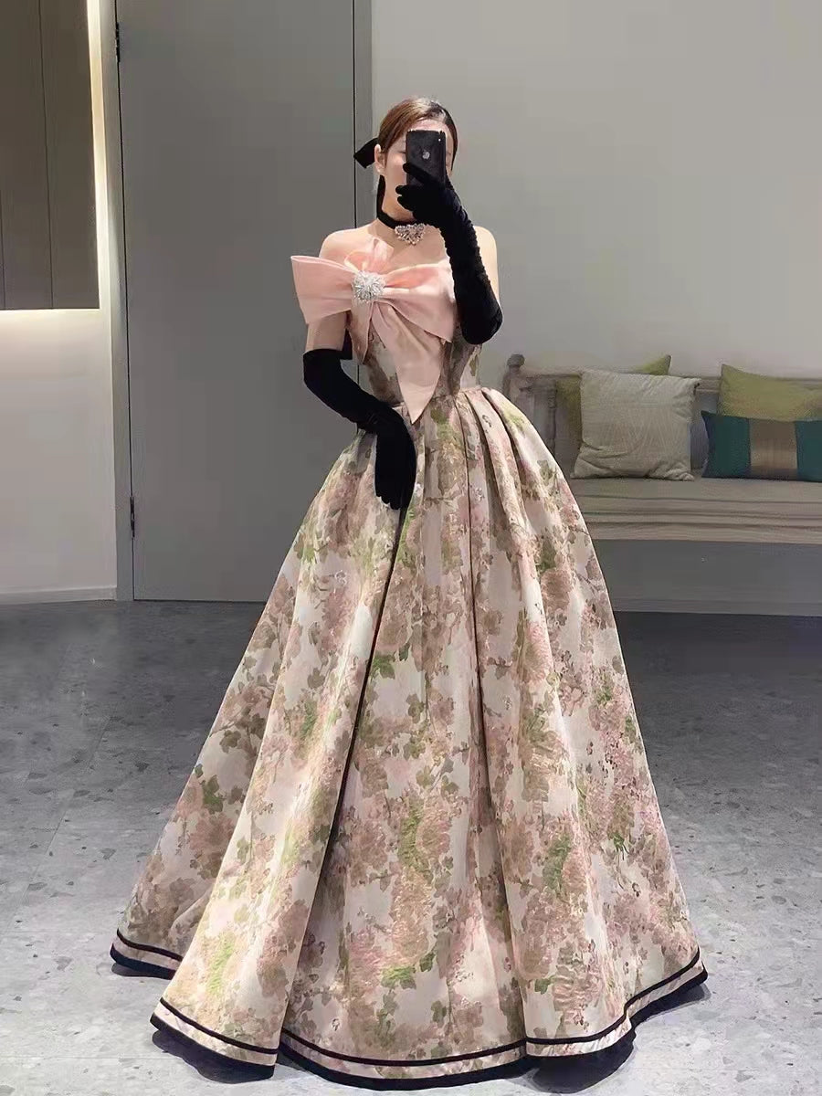 Gorgeous Floral Long Prom Dresses With Pink Bow, 2022 Prom Dresses, Newest Prom Dresses, Affordable Prom Dresses